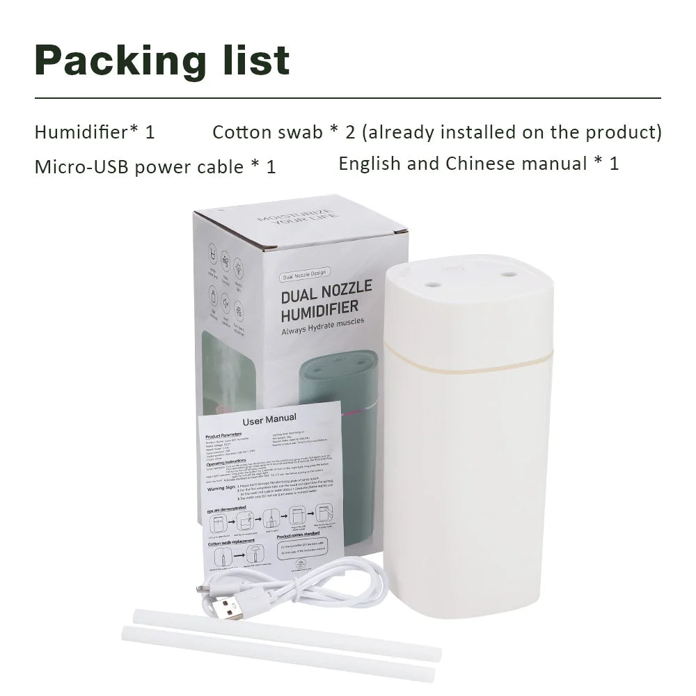 Smart 600ml Aroma Humidifier – Dual Mist, LED Mood Lights, Rechargeable