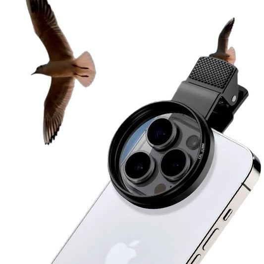 Clip-On CPL Polarizer Lens – Anti-Reflection Smartphone Camera Filter attached to a smartphone capturing a bird in flight.