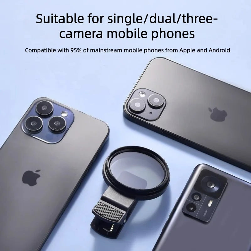 Clip-On CPL Polarizer Lens – Anti-Reflection Smartphone Camera Filter attached to smartphones.