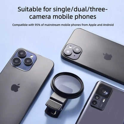 Clip-On CPL Polarizer Lens – Anti-Reflection Smartphone Camera Filter attached to smartphones.