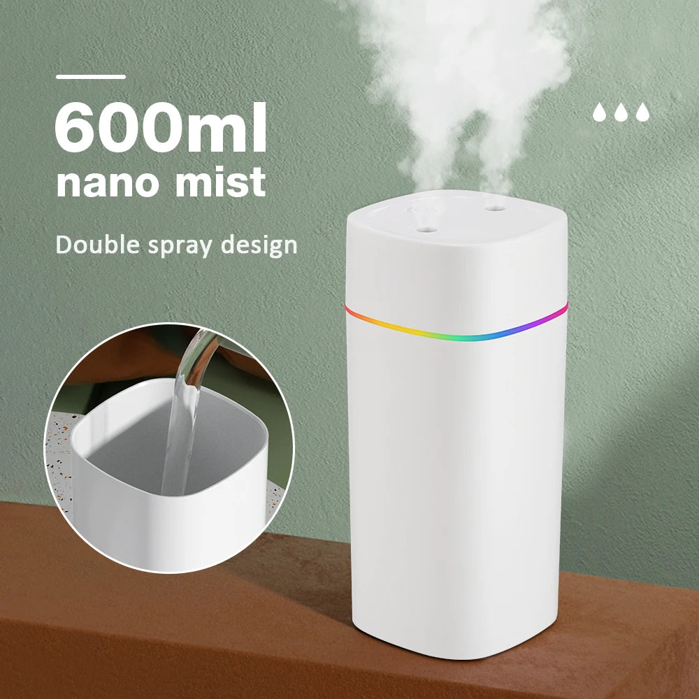 Smart 600ml Aroma Humidifier – Dual Mist, LED Mood Lights, Rechargeable