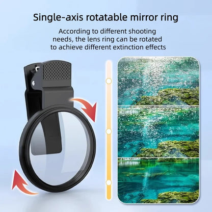 Clip-On CPL Polarizer Lens – Anti-Reflection Smartphone Camera Filter with rotatable mirror ring for varied effects.